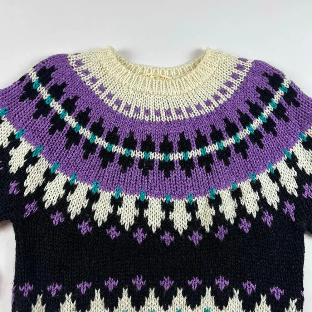 Hand Knit Vintage Fair Isle Nordic Sweater IVY L Chunky Knit Cozycore Soft 90s